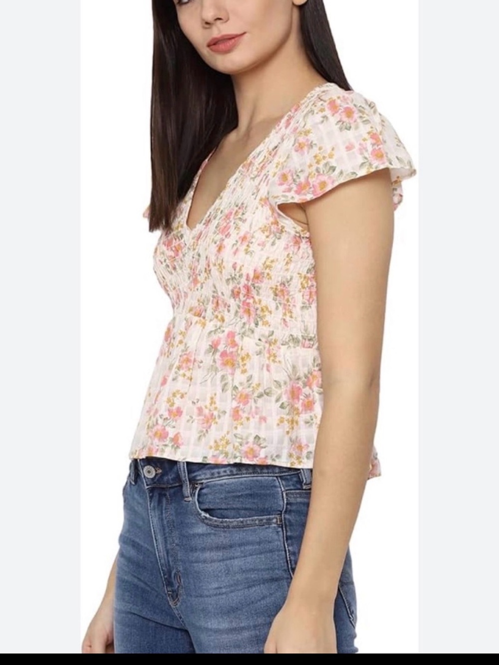 American Eagle Floral Pink Ruffle V-Neck Peplum Top